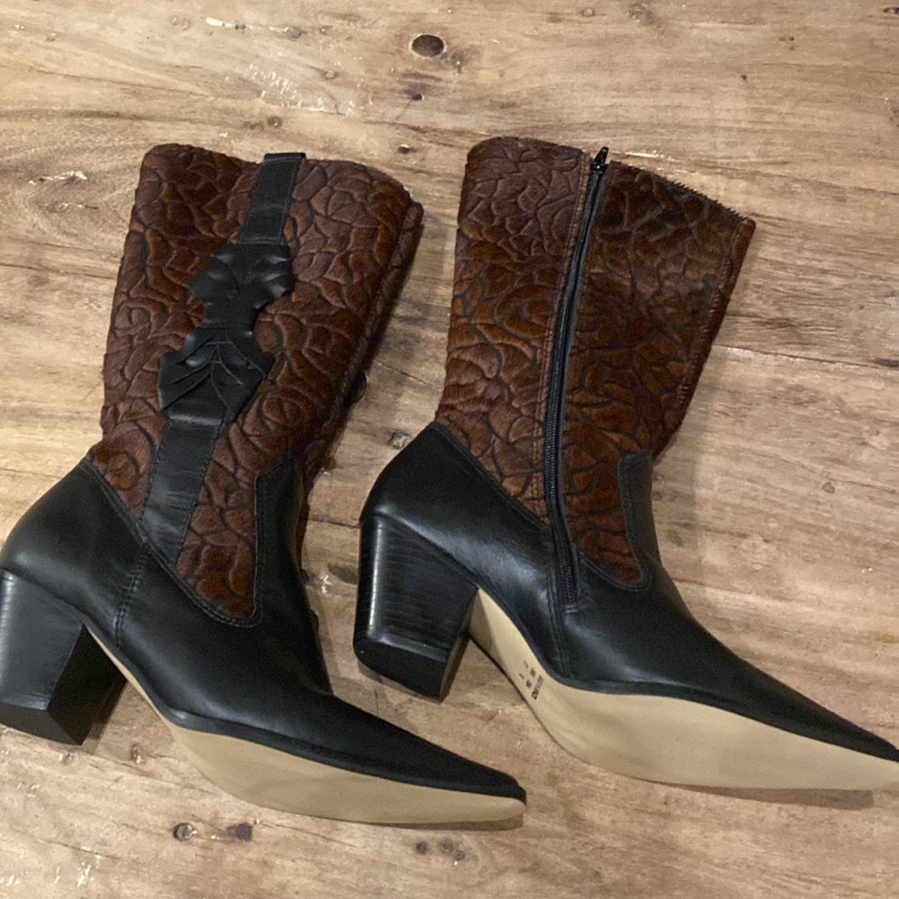 Quilted Brown and Black Heeled Boots